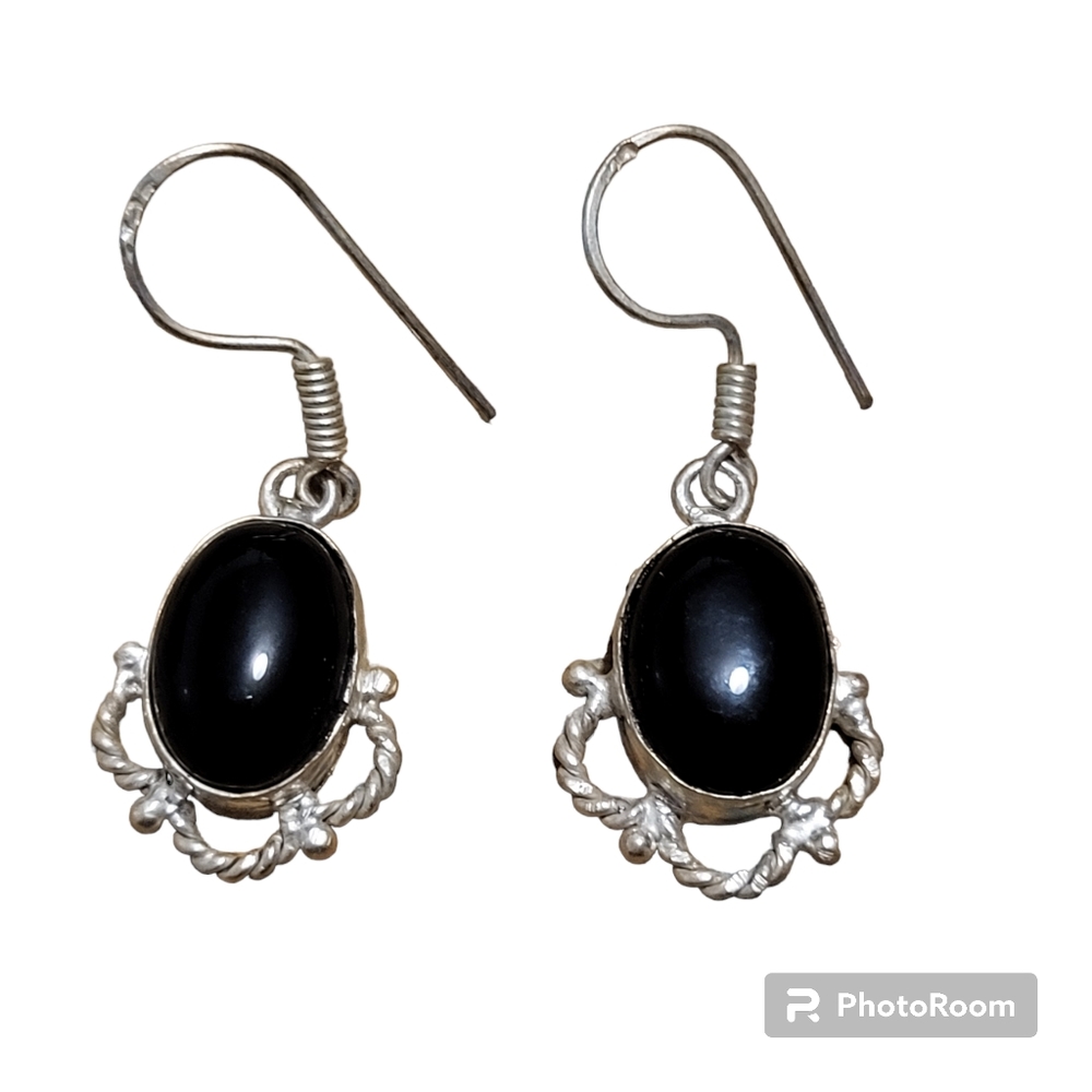 Vintage silver plated black onyx stone dangle earrings